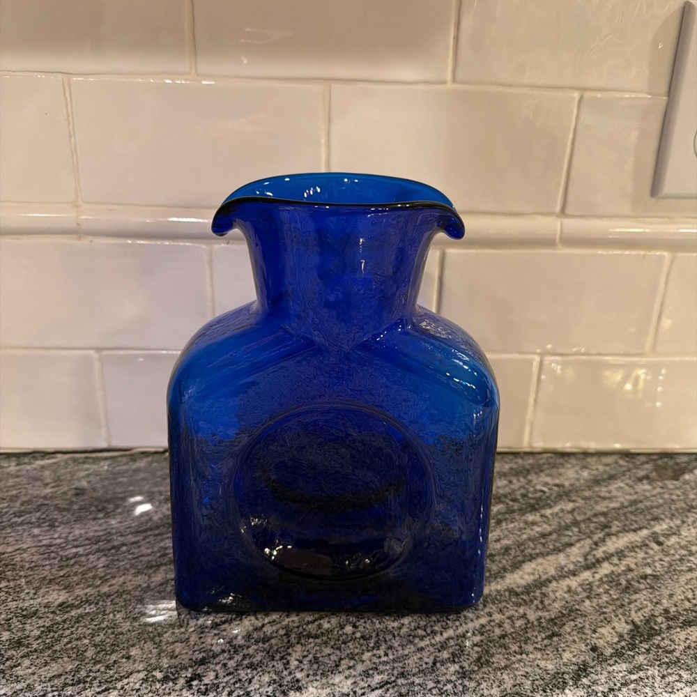 Blenko Cobalt Blue Glass Water Bottle with Double Spout 8"
